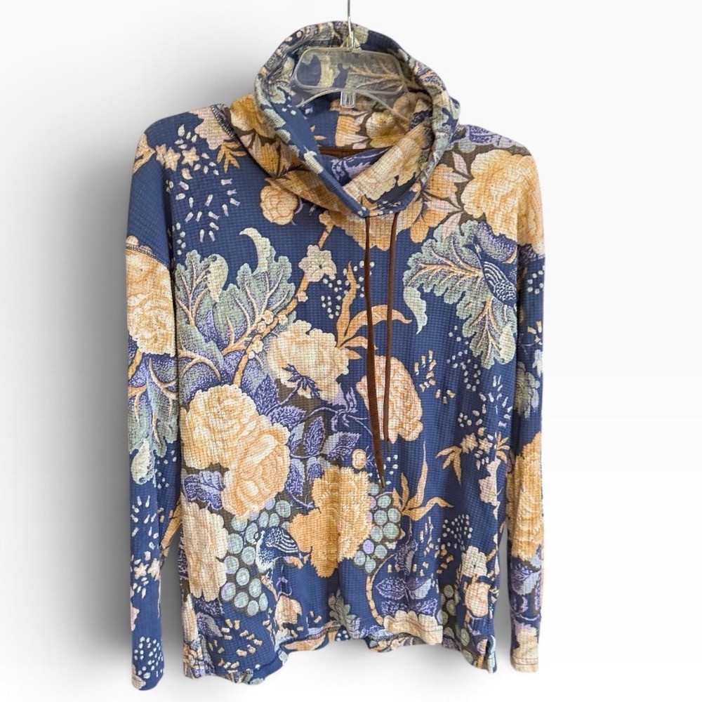 Chaps Waffle Knit Hoodie Women M Blue Floral Thermal Funnel Neck Cottagecore